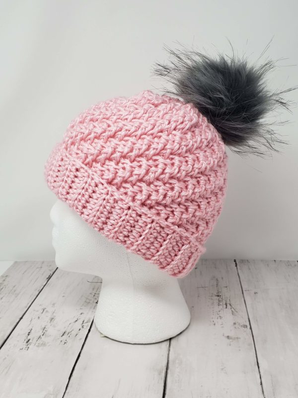 Raised Diagonal Slouch Hat with Pom Pom - Pink